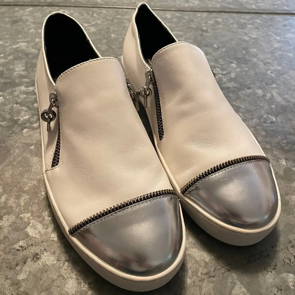 Michael Kors Grayson Slip On Leather Sneakers Shoes 8.5 White Metallic Gray Zip